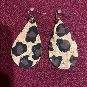Cork Leopard Print Earrings.  3” Long. Very Lightweight.  Print on 2 Sides. NWOT